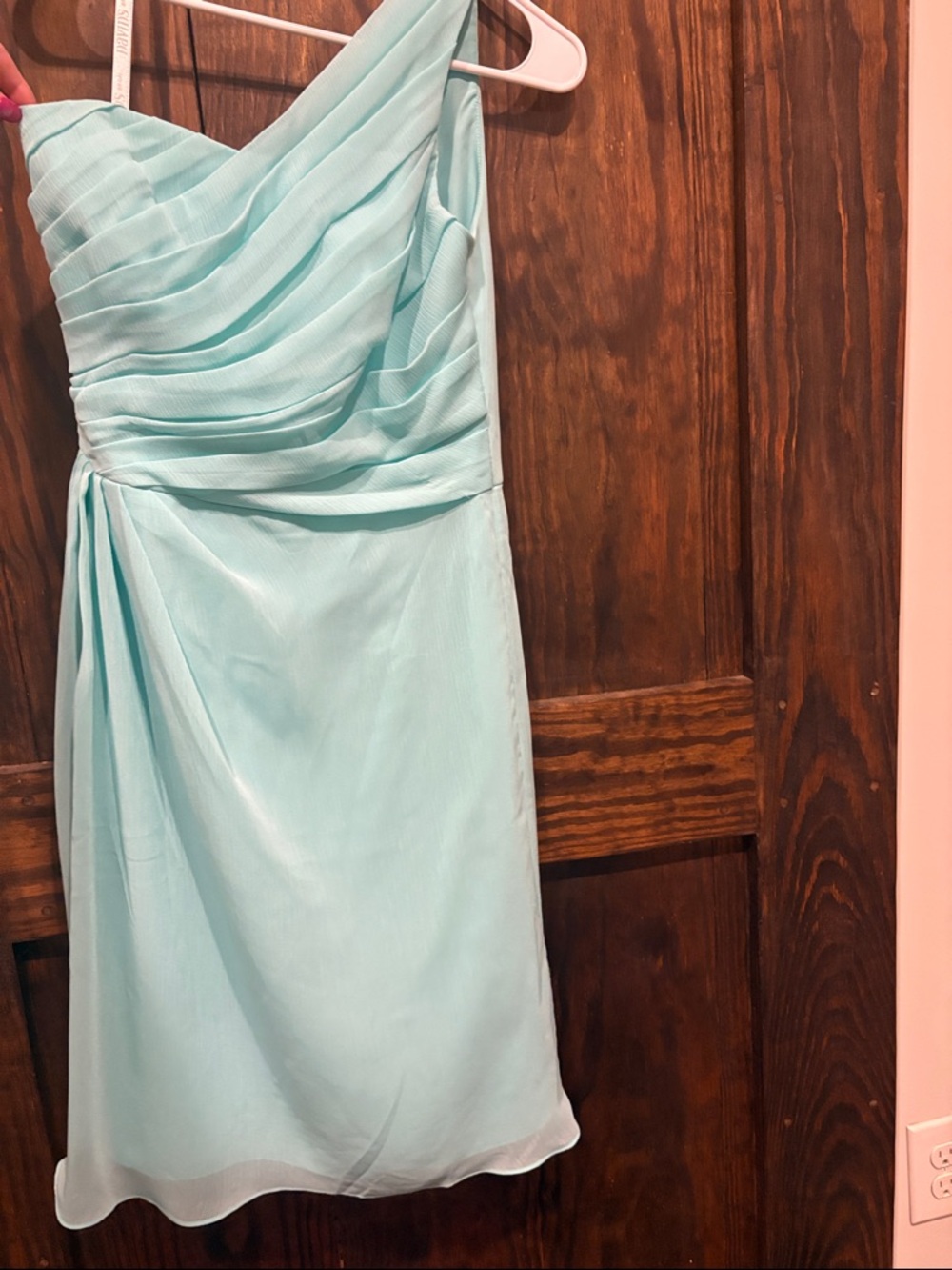 David's Bridal One-Shoulder Chiffon Dress in Aqua